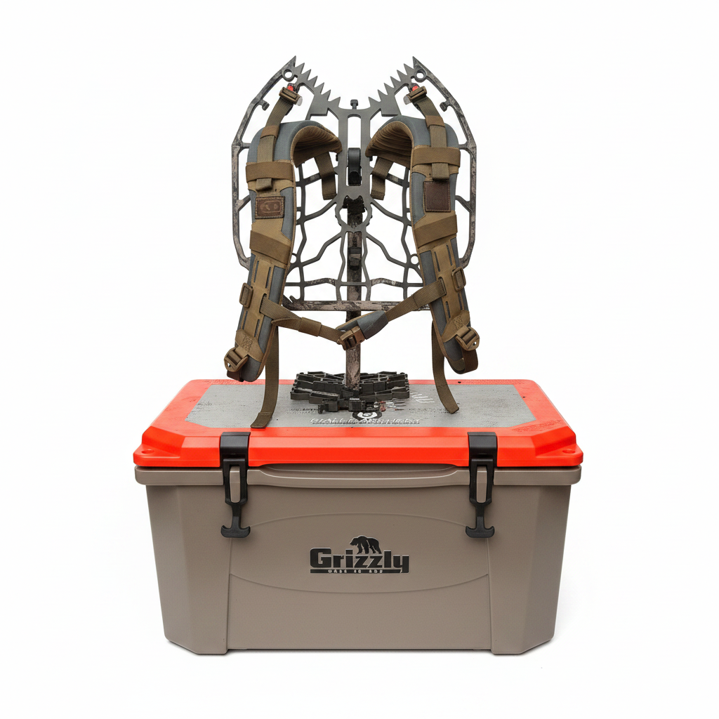 Compound Bow and Grizzly Cooler on White Background
